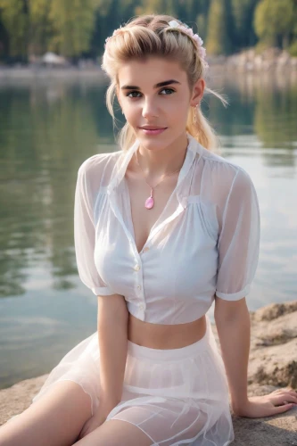 the blonde in the river,see-through clothing,pale,angelic,white dress,malibu,girl on the river,white clothing,cotton top,vintage angel,girl in white dress,elsa,pixie,see through,white shirt,necklace,blonde in wedding dress,beautiful young woman,white skirt,elegant,Photography,Natural