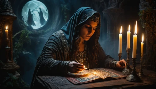 fortune telling,fortune teller,candlemaker,divination,mystical portrait of a girl,candlemas,woman praying,sorceress,girl studying,fantasy art,praying woman,tarot cards,fantasy picture,candlelight,spell,scholar,tarot,candle light,shamanism,girl praying,Photography,General,Fantasy