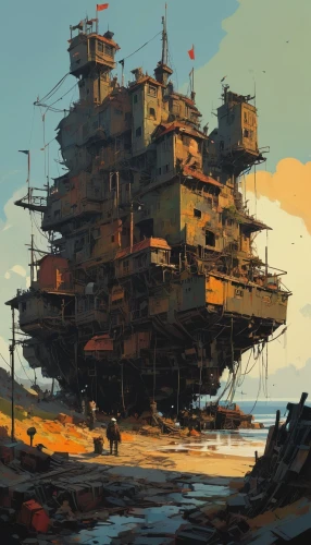 ship wreck,floating island,gunkanjima,floating huts,factory ship,scrapyard,aircraft carrier,dreadnought,fortress,artificial island,docks,ancient city,tank ship,mushroom island,pirate ship,floating islands,harbor,airships,wasteland,concrete ship,Conceptual Art,Sci-Fi,Sci-Fi 01