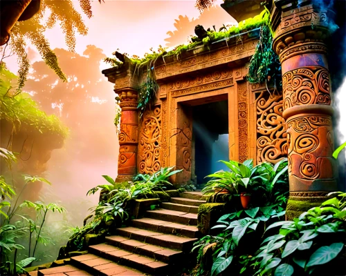 ubud,asian architecture,thai temple,maya civilization,tropical jungle,tropical house,buddhist temple complex thailand,artemis temple,cambodia,ancient city,bali,ancient house,indonesia,southeast asia,water palace,balinese,ancient buildings,temples,tropical island,carved wall,Conceptual Art,Oil color,Oil Color 23