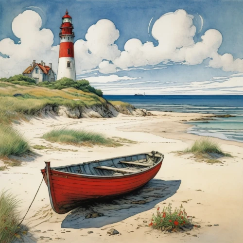 beach landscape,cape cod,coastal landscape,david bates,red lighthouse,boat landscape,lighthouse,seaside country,fishing boats,sea landscape,boat on sea,light house,sail boat,provincetown,hatteras,sailboat,breton,sailing-boat,sailing boat,maine,Illustration,Retro,Retro 25