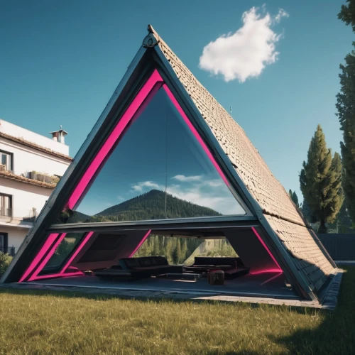 cubic house,futuristic architecture,glass pyramid,geometric style,folding roof,cube house,frame house,teardrop camper,solar cell base,russian pyramid,polygonal,tipi,geometric,3d rendering,modern architecture,wigwam,roof tent,pyramid,inverted cottage,mirror house