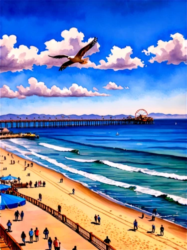 huntington beach,beach landscape,oceanside,huntington,pismo beach,santa monica pier,santa monica,carlsbad,seaside resort,fishing pier,seaside country,art painting,aptos,beach scenery,california,blue angels,santa cruz,flying sea gulls,the pier,coastal landscape,Illustration,Paper based,Paper Based 24