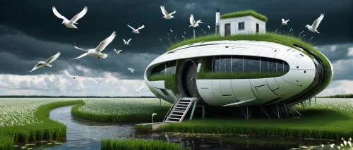 cube stilt houses,futuristic architecture,futuristic landscape,renewable,eco-construction,floating huts,artificial island,eco hotel,renewable enegy,floating island,renewable energy,water wheel,houseboat,futuristic art museum,photo manipulation,abandoned place,hurricane benilde,cubic house,islet,environmental destruction,Conceptual Art,Sci-Fi,Sci-Fi 09