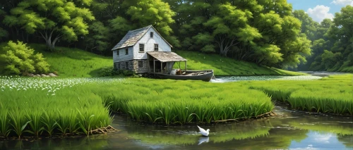 home landscape,house with lake,summer cottage,lonely house,fisherman's house,landscape background,little house,green landscape,house in the forest,ricefield,cottage,small house,meadow landscape,water mill,house by the water,small cabin,salt meadow landscape,freshwater marsh,rural landscape,world digital painting,Conceptual Art,Daily,Daily 01