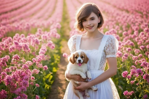 girl with dog,flower field,field of flowers,flowers field,beautiful girl with flowers,beagle,tulip field,blooming field,flower background,girl in flowers,tulips field,tulip fields,farm background,farm girl,little girl in pink dress,flower girl,tulip festival,pink daisies,sea of flowers,potato blossoms,Photography,Artistic Photography,Artistic Photography 09