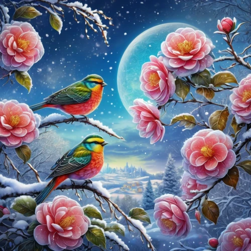 flower and bird illustration,blue birds and blossom,bird painting,blue moon rose,winter rose,songbirds,fantasy picture,flower painting,fantasy art,tropical birds,winter background,splendor of flowers,colorful birds,floral and bird frame,winter dream,landscape rose,bird flower,colorful roses,flower background,romantic rose,Illustration,Realistic Fantasy,Realistic Fantasy 15