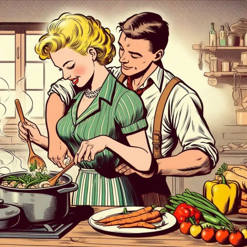 retro 1950's clip art,food and cooking,cooking book cover,domestic,southern cooking,food preparation,vintage illustration,domestic life,cooking vegetables,home cooking,cooking,cooks,cookery,vintage man and woman,valentine's day clip art,as a couple,cooking show,men chef,making food,fondue