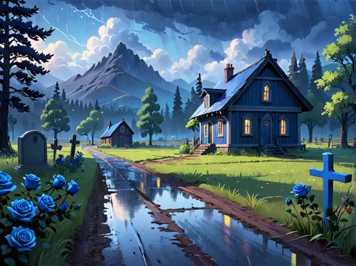 lonely house,home landscape,witch's house,fantasy landscape,summer cottage,cottage,fantasy picture,old graveyard,landscape background,graveyard,salt meadow landscape,little house,country cottage,rural landscape,world digital painting,blue painting,church painting,wooden houses,witch house,cemetary,Anime,Anime,Cartoon