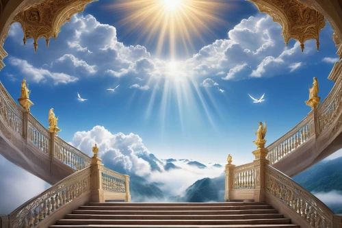 heavenly ladder,stairway to heaven,heaven gate,stairway,the pillar of light,staircase,outside staircase,sunburst background,the threshold of the house,jacob's ladder,stone stairway,fantasy picture,archway,hall of the fallen,world digital painting,ascending,stairwell,landscape background,the mystical path,background image,Photography,Fashion Photography,Fashion Photography 16