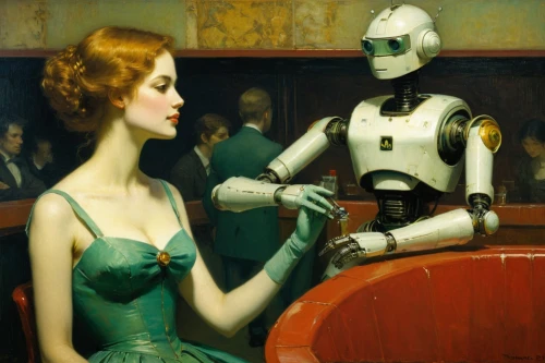 droids,robots,vintage art,vintage man and woman,droid,robotics,autome,robot,robotic,machine learning,courtship,mannequins,industrial robot,transistor,machines,transistor checking,admired,automated,artificial intelligence,barmaid,Art,Classical Oil Painting,Classical Oil Painting 44
