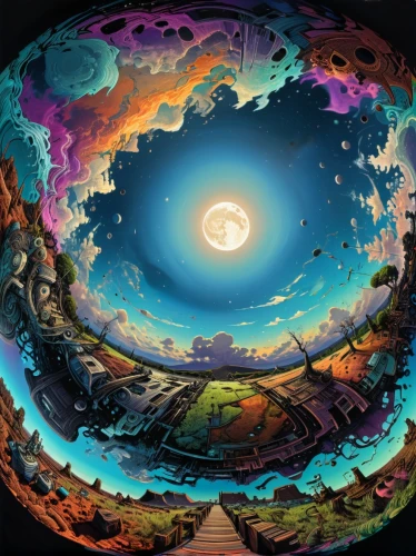 panoramical,little planet,planet eart,cosmic eye,phase of the moon,time spiral,psychedelic art,mushroom landscape,moonbow,wormhole,celestial body,planet alien sky,swirly orb,colorful spiral,lunar landscape,gaia,celestial bodies,astral traveler,inner space,fractals art,Illustration,Realistic Fantasy,Realistic Fantasy 25