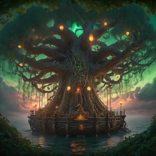 celtic tree,magic tree,tree of life,fantasy picture,green tree,fantasy art,flourishing tree,oak tree,tree house,dragon tree,sea fantasy,treehouse,druid grove,rosewood tree,sacred fig,sunroot,fig tree,old tree,elven forest,bodhi tree,Illustration,Realistic Fantasy,Realistic Fantasy 47