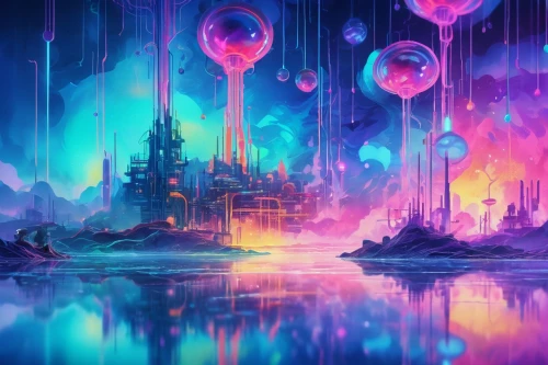 fantasy landscape,fairy world,futuristic landscape,alien world,acid lake,dream world,lagoon,ice planet,fantasy world,fairy galaxy,mushroom landscape,3d fantasy,alien planet,vast,waterscape,colorful water,wonderland,underwater landscape,fantasy city,underwater background,Conceptual Art,Oil color,Oil Color 23