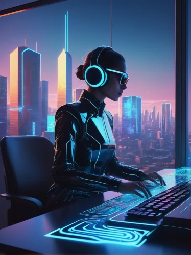 girl at the computer,neon human resources,cyberpunk,women in technology,night administrator,cyber,cyber glasses,man with a computer,futuristic,computer business,blur office background,computer,computer room,computer desk,sci fiction illustration,engineer,computer workstation,cyberspace,automation,cybernetics,Conceptual Art,Sci-Fi,Sci-Fi 11