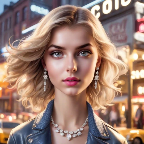 world digital painting,romantic look,city ​​portrait,retro girl,blonde woman,retro woman,romantic portrait,fashion vector,shopping icon,model beauty,digital painting,fashion street,portrait background,blonde girl,beautiful model,girl portrait,50's style,vintage girl,cool blonde,photoshop manipulation,Photography,Commercial