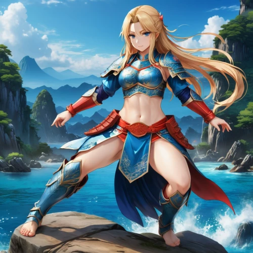 water-the sword lily,meteora,female warrior,nami,kinara,elza,ferry,ocean background,goddess of justice,honolulu,monsoon banner,ashitaba,sanya,wind warrior,tamarama,fantasia,beach background,erika,alibaba,cg artwork,Illustration,Japanese style,Japanese Style 03