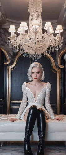 cruella de ville,chandelier,cruella,femme fatale,partition,luxury decay,the throne,miss circassian,throne,queen cage,elegance,queen,white velvet,marylyn monroe - female,porcelain,blonde on the chair,dita,rococo,dollhouse,pvc,Photography,Fashion Photography,Fashion Photography 02