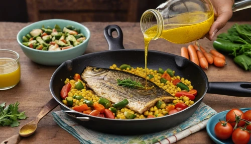 stir fried fish with sweet chili,mediterranean diet,cast iron skillet,couscous,cookware and bakeware,fish oil,fish products,paella,sea bream,sauté pan,fish oil capsules,barramundi,food and cooking,fish meal,vegetable pan,fregula,tilapia,arroz a la valenciana,food preparation,mediterranean cuisine,Photography,General,Commercial