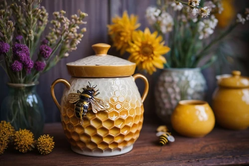 honey jar,honey jars,wooden flower pot,flower vase,beeswax candle,flower vases,tea jar,fragrance teapot,clay jug,vase,chrysanthemum tea,autumn decor,sunflowers in vase,bee house,gingerbread jar,vintage teapot,clay jugs,flowers in pitcher,honey bee home,seasonal autumn decoration,Illustration,Realistic Fantasy,Realistic Fantasy 23