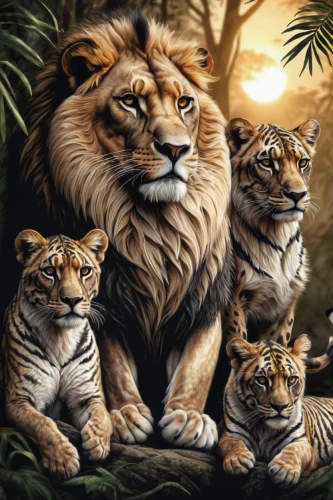 lion children,lionesses,big cats,king of the jungle,lions,male lions,cat family,white lion family,lion father,tigers,three kings,families,tropical animals,the dawn family,wild animals,the mother and children,animal world,oil painting on canvas,cute animals,fathers and sons,Illustration,Black and White,Black and White 11