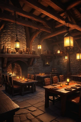 tavern,alpine restaurant,wine tavern,wooden beams,fireplaces,a restaurant,stone oven,blackhouse,fine dining restaurant,wine bar,brick oven pizza,pizza oven,rustic,lodge,fireplace,salt bar,wine cellar,pub,fire place,hearth,Illustration,Realistic Fantasy,Realistic Fantasy 07