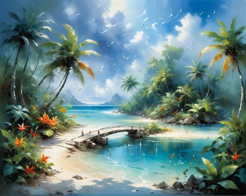 tropical island,tropical sea,tropical beach,beach landscape,underwater oasis,dream beach,tropical house,landscape background,ocean paradise,watercolor palm trees,coconut trees,sea landscape,tropical floral background,paradise beach,coastal landscape,caribbean beach,an island far away landscape,beach scenery,sub-tropical,delight island,Conceptual Art,Oil color,Oil Color 03