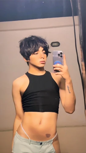 abs,crop top,outside mirror,bob cut,waist,stomach,navel,thick,makeup mirror,hips,ab,yt,mirror,fat,body camera,tube top,see thru,ebony,edit,in the mirror