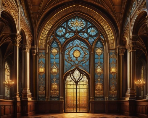 stained glass windows,gothic architecture,stained glass,church windows,art nouveau frames,stained glass window,sanctuary,stained glass pattern,ornate room,hall of the fallen,art nouveau,art nouveau frame,doors,church door,haunted cathedral,wooden windows,cathedral,leaded glass window,vatican window,holy places,Illustration,Realistic Fantasy,Realistic Fantasy 35