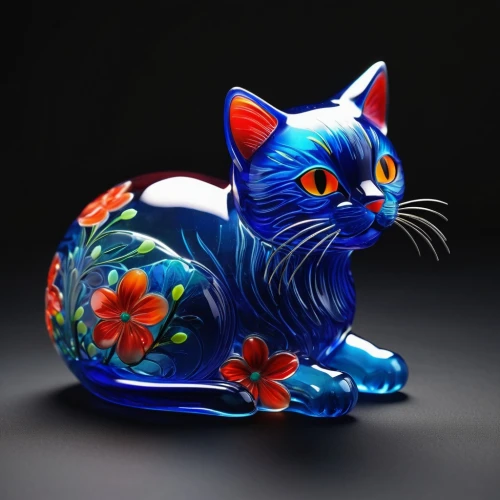 chinese pastoral cat,lucky cat,flower cat,glass yard ornament,glasswares,cat on a blue background,japanese art,glass painting,glass ornament,chinese art,blue and white porcelain,incense burner,animal figure,vintage cat,handicrafts,cat-ketch,vintage ornament,whimsical animals,japanese garden ornament,tiger cat