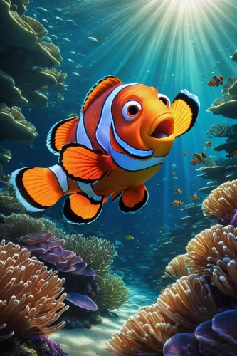 nemo,underwater background,underwater fish,clown fish,clownfish,beautiful fish,fish in water,coral reef fish,anemonefish,amphiprion,anemone fish,napoleon fish,marine fish,coral fish,foxface fish,sea animal,marine animal,sea life underwater,forest fish,scuba,Illustration,Realistic Fantasy,Realistic Fantasy 25