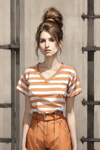prisoner,portrait of a girl,digital painting,david bates,girl in overalls,rust-orange,girl in a historic way,portrait background,horizontal stripes,orange,artist portrait,striped background,clementine,overalls,young woman,liberty cotton,girl portrait,brown sailor,girl in t-shirt,orange color,Digital Art,Ink Drawing