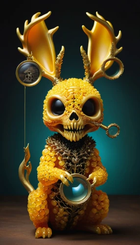 horned melon,gold deer,watchmaker,jackalope,raindeer,rudolph,animal figure,anthropomorphized animals,pere davids deer,bombyx mori,reindeer,skylander giants,3d figure,capricorn,the zodiac sign taurus,golden egg,cinema 4d,skylanders,horned,pineapple sprocket,Illustration,Abstract Fantasy,Abstract Fantasy 06