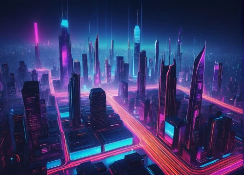 futuristic landscape,cyberpunk,cityscape,metropolis,futuristic,colorful city,fantasy city,neon arrows,cyberspace,cities,city cities,neon lights,city at night,scifi,cyber,ultraviolet,neon light,city trans,dystopian,city,Illustration,American Style,American Style 11