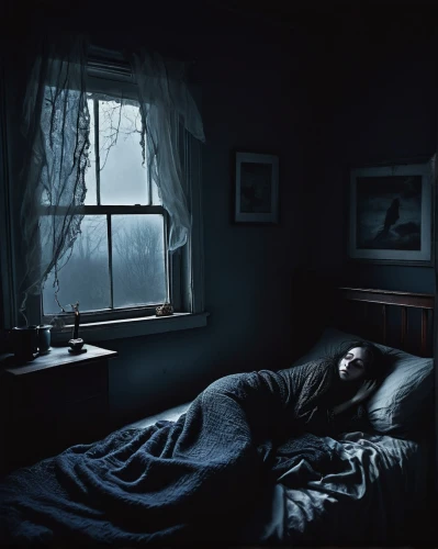 woman on bed,insomnia,sleeping room,a dark room,bad dream,cold room,girl in bed,sleepwalker,depressed woman,blue pillow,conceptual photography,blue room,abandoned room,the girl in nightie,sleepless,bedroom,penumbra,duvet,dark art,sleep,Illustration,Black and White,Black and White 01