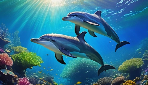 oceanic dolphins,dolphin background,bottlenose dolphins,two dolphins,dolphins,dolphins in water,common dolphins,underwater background,ocean background,dolphin fish,aquarium inhabitants,sea animals,sea mammals,aquarium decor,dolphin swimming,cetacea,bottlenose dolphin,striped dolphin,porpoise,aquatic animals,Art,Artistic Painting,Artistic Painting 38