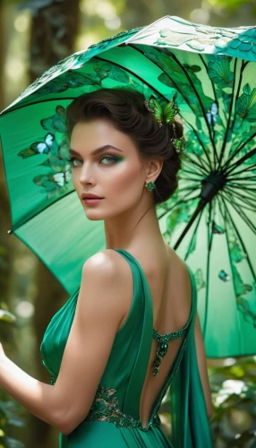 in green,green dress,green,green background,parasol,emerald,image manipulation,celtic woman,umbrella,summer umbrella,parasols,miss circassian,photoshop manipulation,cuban emerald,overhead umbrella,aerial view umbrella,green summer,green skin,celtic queen,portrait photography,Photography,General,Realistic