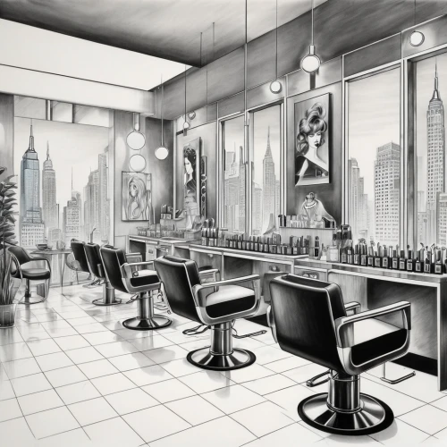 barber shop,art deco background,barbershop,art deco,liquor bar,barber chair,soda fountain,salon,beauty salon,hairdressing,new york restaurant,retro diner,bar stools,chrysler building,hairdressers,bar counter,pencil drawings,barber,boardroom,soda shop,Illustration,Black and White,Black and White 30