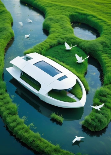 floating islands,swan boat,floating island,artificial island,boat landscape,artificial islands,houseboat,floating huts,sustainable car,futuristic art museum,floating stage,futuristic architecture,hovercraft,personal water craft,picnic boat,water taxi,eco hotel,futuristic landscape,water boat,water bus,Conceptual Art,Sci-Fi,Sci-Fi 10