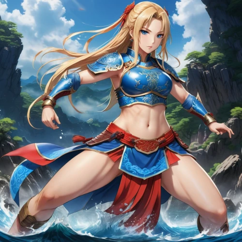 female warrior,nami,monsoon banner,ashitaba,water-the sword lily,elza,honolulu,sanya,kinara,ocean background,swordswoman,wind warrior,dragon li,erika,celtic queen,goddess of justice,meteora,beach background,rusalka,maya,Illustration,Japanese style,Japanese Style 03