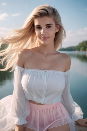 see-through clothing,cotton top,the blonde in the river,tutu,teen,barbie,white skirt,lycia,pale,tennis skirt,girl on the river,angelic,girl in white dress,peach,beautiful young woman,liberty cotton,see through,white clothing,blonde woman,tube top,Photography,Natural