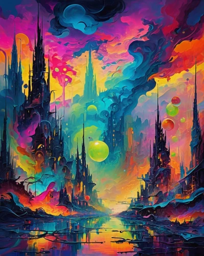 futuristic landscape,fantasy city,fantasy landscape,colorful city,fantasy world,vast,fantasia,alien world,alien planet,space art,cityscape,metropolis,3d fantasy,dream world,acid lake,planet alien sky,world digital painting,fractal environment,vapor,panoramical,Conceptual Art,Oil color,Oil Color 20