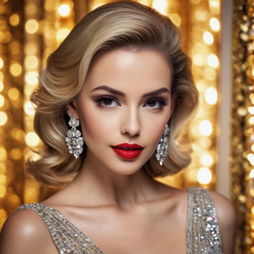 social,vintage makeup,jeweled,bridal jewelry,red lips,glamorous,gold jewelry,red lipstick,women's cosmetics,miss vietnam,earrings,christmas gold and red deco,glittering,glamor,glamour girl,beautiful woman,blonde woman,romantic look,cosmetic dentistry,diamond jewelry,Illustration,Abstract Fantasy,Abstract Fantasy 08