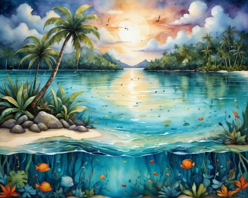 tropical sea,sea landscape,an island far away landscape,ocean paradise,tropical island,coastal landscape,beach landscape,oil painting on canvas,underwater landscape,landscape background,underwater oasis,water scape,river landscape,lagoon,waterscape,tropical beach,tahiti,art painting,delight island,seascape,Conceptual Art,Daily,Daily 34