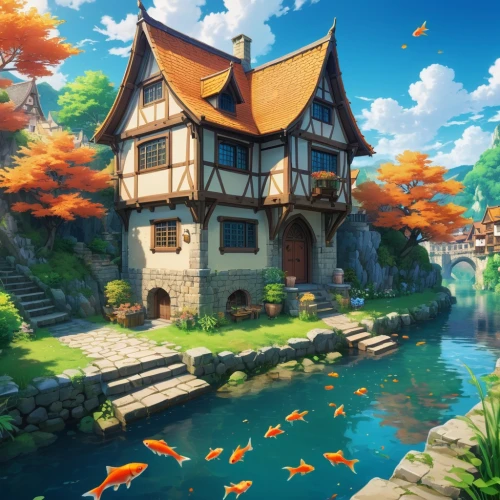 studio ghibli,aqua studio,fisherman's house,house by the water,house with lake,autumn theme,koi pond,autumn scenery,autumn idyll,summer cottage,tsukemono,autumn background,house of the sea,idyllic,water mill,cottage,autumn in japan,autumn day,beautiful home,the autumn,Illustration,Japanese style,Japanese Style 03