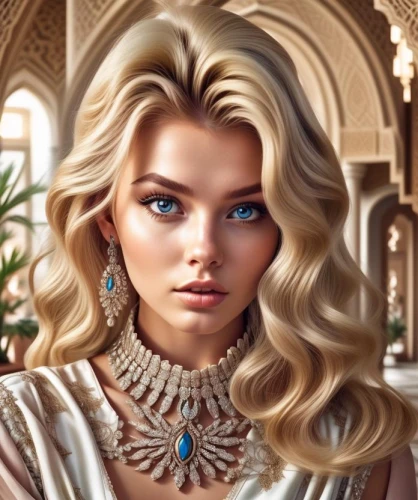 fantasy portrait,gold jewelry,arabian,filigree,jewelry,jewelry（architecture）,jeweled,bridal jewelry,embellished,fantasy art,diamond jewelry,romantic portrait,elsa,jewellery,eurasian,gift of jewelry,natural cosmetic,retouching,desert rose,airbrushed