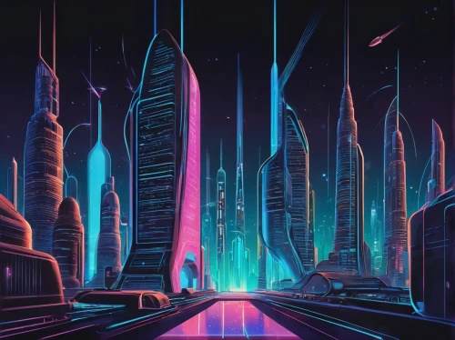 futuristic landscape,metropolis,futuristic,cityscape,neon arrows,sci-fi,sci - fi,scifi,fantasy city,space port,cyberpunk,80's design,sci fi,cities,cyberspace,space art,space ships,alien world,vast,sci fiction illustration,Illustration,Retro,Retro 12