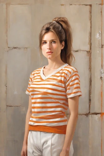 portrait background,striped background,girl with cereal bowl,horizontal stripes,portrait of a girl,girl-in-pop-art,girl with cloth,girl in a long,photo painting,painter,painting,girl with bread-and-butter,girl in t-shirt,oil on canvas,young woman,oil painting,cotton top,girl in a historic way,colored pencil background,girl in overalls,Digital Art,Classicism