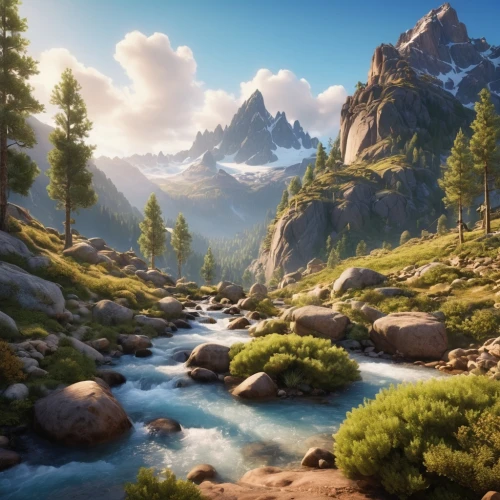 salt meadow landscape,mountain landscape,mountain valley,mountain scene,mountainous landscape,mountain stream,fantasy landscape,landscape background,alpine region,valley,landscape mountains alps,high alps,mountain valleys,the alps,mountain river,mountain world,cartoon video game background,mountains,mountain spring,mountain meadow