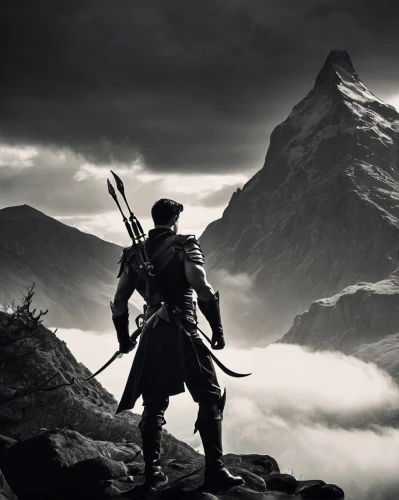 lone warrior,highlander,witcher,heroic fantasy,the wanderer,skyrim,mountain guide,the spirit of the mountains,mountaineer,guards of the canyon,fantasy picture,monsoon banner,full hd wallpaper,norse,vikings,digital compositing,massively multiplayer online role-playing game,mountaineers,barbarian,warrior east,Photography,Black and white photography,Black and White Photography 08